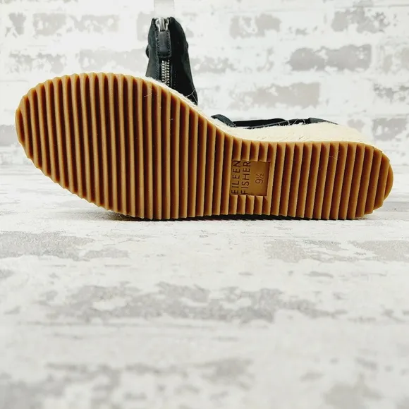 NEW Eileen Fisher Wanda Black Leather Strappy Wedge Espadrille Sandals T43