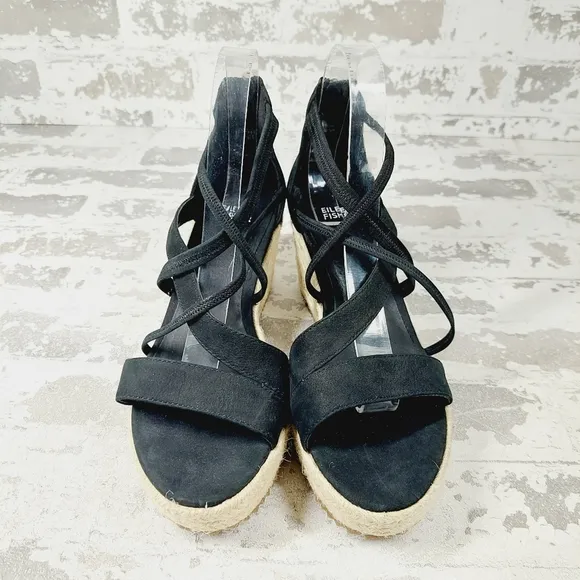 NEW Eileen Fisher Wanda Black Leather Strappy Wedge Espadrille Sandals T43