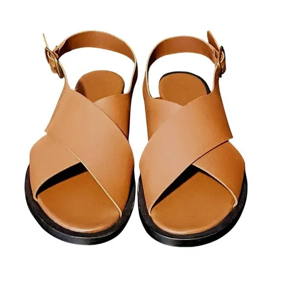 NEW Everlane The City Crossover Leather Sandals w/ Golden Buckles Rum/Tan Size 8