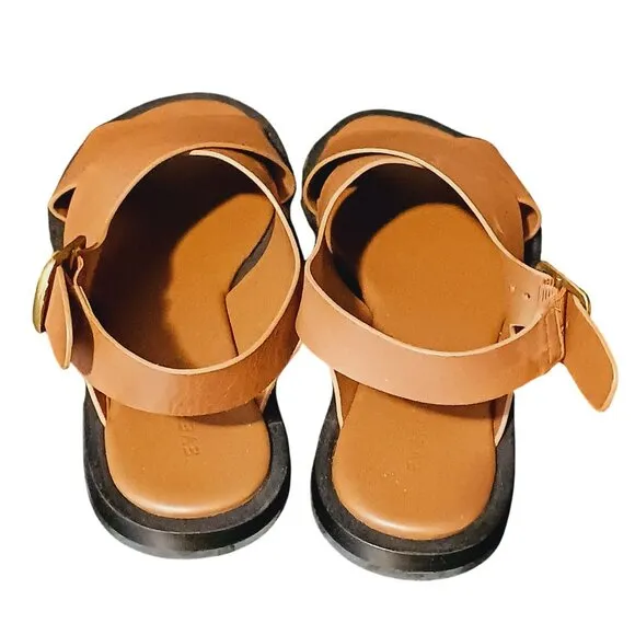 NEW Everlane The City Crossover Leather Sandals w/ Golden Buckles Rum/Tan Size 8