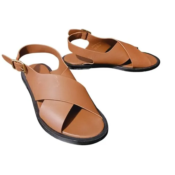 NEW Everlane The City Crossover Leather Sandals w/ Golden Buckles Rum/Tan Size 8