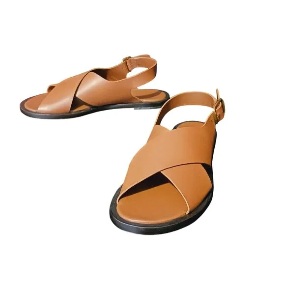 NEW Everlane The City Crossover Leather Sandals w/ Golden Buckles Rum/Tan Size 8