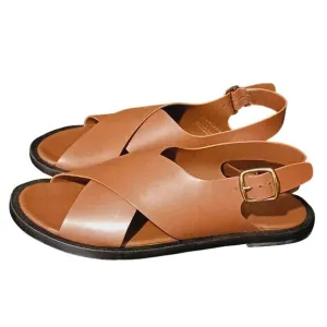 NEW Everlane The City Crossover Leather Sandals w/ Golden Buckles Rum/Tan Size 8
