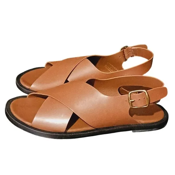 NEW Everlane The City Crossover Leather Sandals w/ Golden Buckles Rum/Tan Size 8