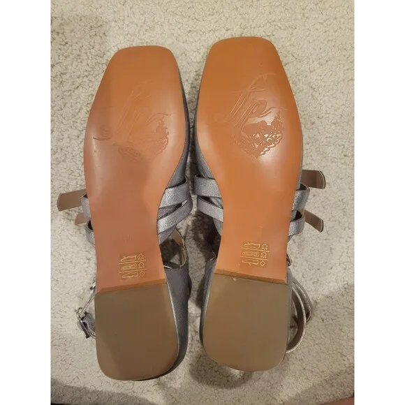New Free People Hart Ankle Strap Flats Sandal Silver Strappy Buckles Size 8.5