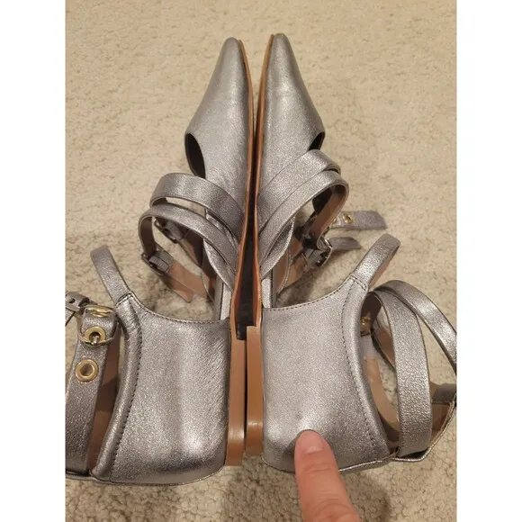 New Free People Hart Ankle Strap Flats Sandal Silver Strappy Buckles Size 8.5