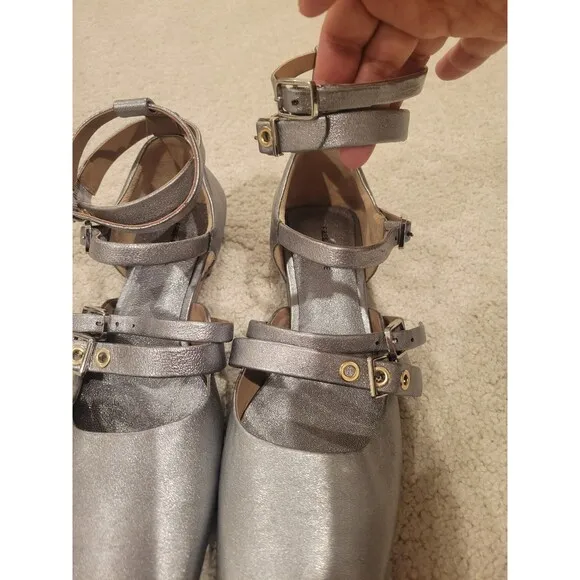 New Free People Hart Ankle Strap Flats Sandal Silver Strappy Buckles Size 8.5