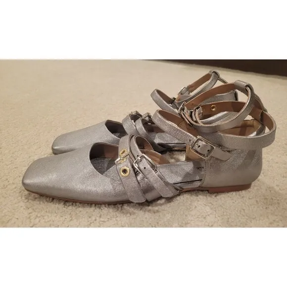 New Free People Hart Ankle Strap Flats Sandal Silver Strappy Buckles Size 8.5