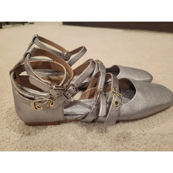 New Free People Hart Ankle Strap Flats Sandal Silver Strappy Buckles Size 8.5