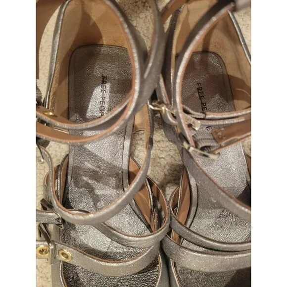 New Free People Hart Ankle Strap Flats Sandal Silver Strappy Buckles Size 8.5