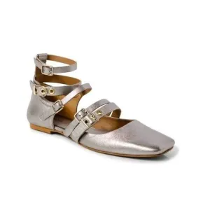 New Free People Hart Ankle Strap Flats Sandal Silver Strappy Buckles Size 8.5