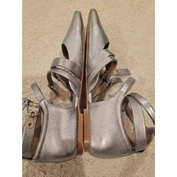 New Free People Hart Ankle Strap Flats Sandal Silver Strappy Buckles Size 8.5