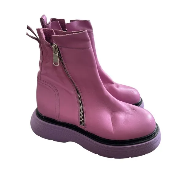 New! Free People Mara Leather Zip Moto Boots In Purple