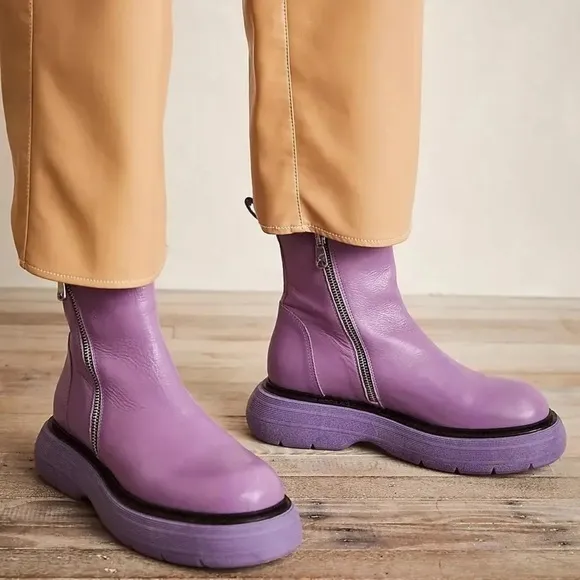 New! Free People Mara Leather Zip Moto Boots In Purple