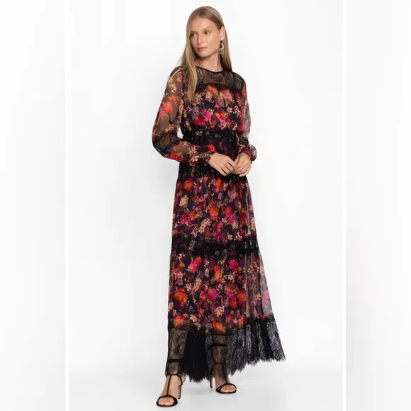 New JOHNNY WAS  Flora PURE Silk Lacy Maxi Dress  15T8