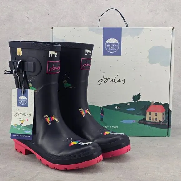 New‎ Joules Rain Boots Mid Calf Molly Welly Blue Rainbow Dogs Size US: 6 UK: 4