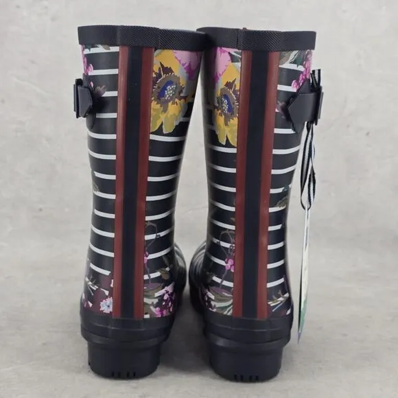 New Joules Rain Boots Mid Calf Molly Welly Navy Stripes Flowers Size US: 6 UK: 4