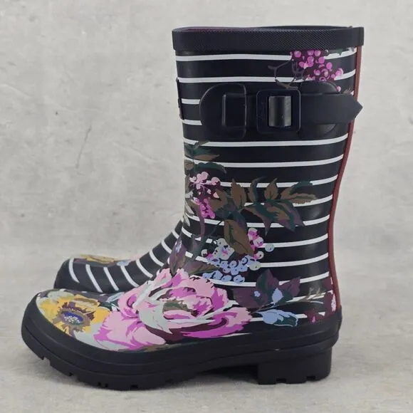 New Joules Rain Boots Mid Calf Molly Welly Navy Stripes Flowers Size US: 6 UK: 4