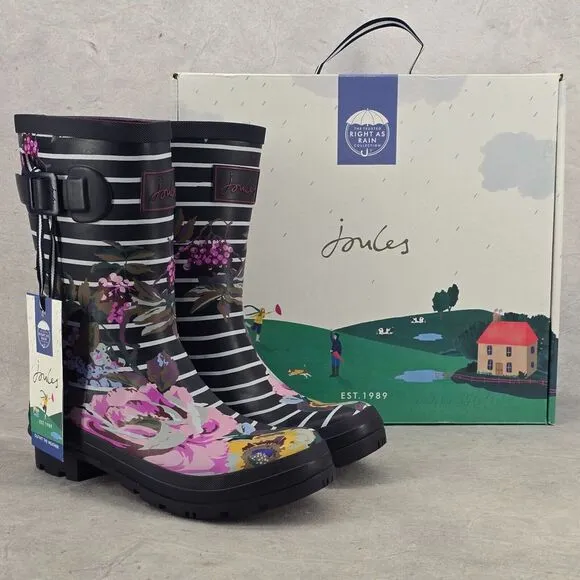 New Joules Rain Boots Mid Calf Molly Welly Navy Stripes Flowers Size US: 6 UK: 4