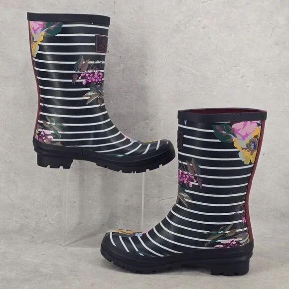 New Joules Rain Boots Mid Calf Molly Welly Navy Stripes Flowers Size US: 6 UK: 4