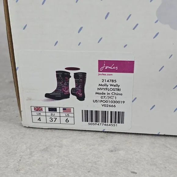 New Joules Rain Boots Mid Calf Molly Welly Navy Stripes Flowers Size US: 6 UK: 4