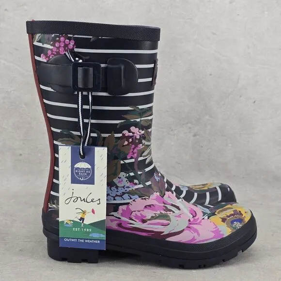 New Joules Rain Boots Mid Calf Molly Welly Navy Stripes Flowers Size US: 6 UK: 4