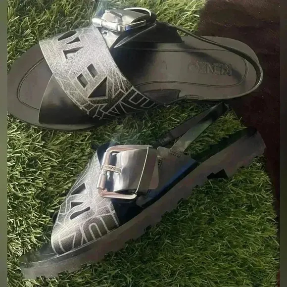 NEW Kenzo Spell-out Sandals Black Sling-back Large Buckle EU 37 US 6.5/7