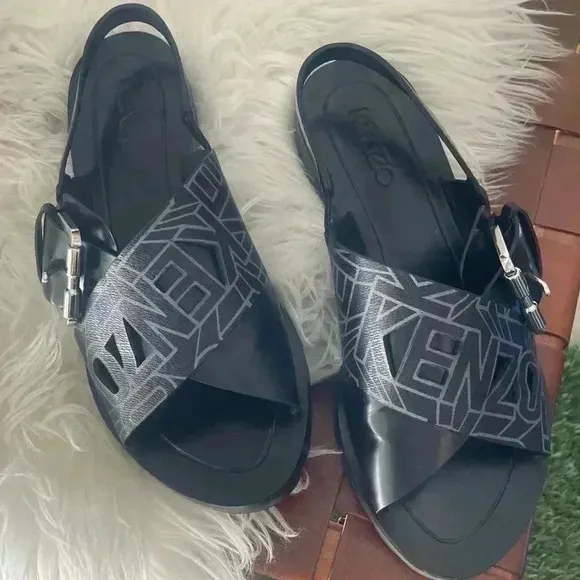 NEW Kenzo Spell-out Sandals Black Sling-back Large Buckle EU 37 US 6.5/7