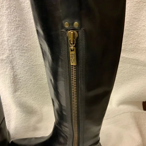 New KORS Michael Kors Womens Leather Pull On Mid Calf Boots Black Size 8 Medium