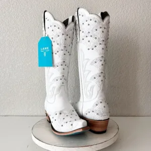 NEW Lane CALYPSO Womens Cowboy Boots 10 White Leather Western Cowgirl Mid Calf