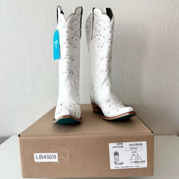 NEW Lane CALYPSO Womens Cowboy Boots 10 White Leather Western Cowgirl Mid Calf