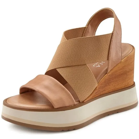 NEW Lascana Sasille Tan Italian Leather Wedge sling back Sandals size 8