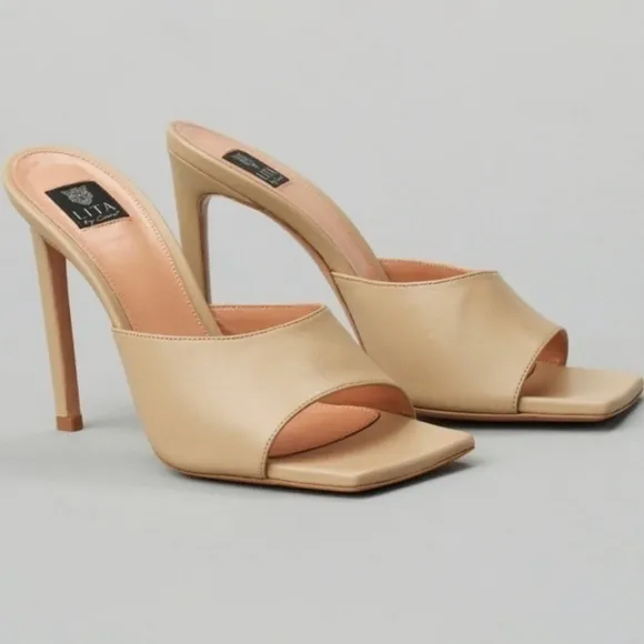 New LITA By CIARA Solid Square Toe Mule Slide Sandals in Sand Italian Leather