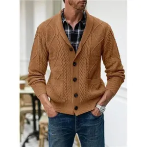 New Men's Casual Cardigan Sweater with Pockets Camel