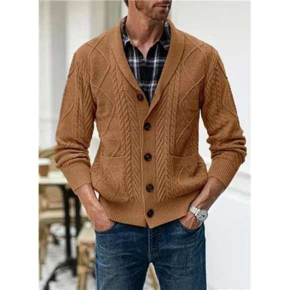 New Men's Casual Cardigan Sweater with Pockets Camel