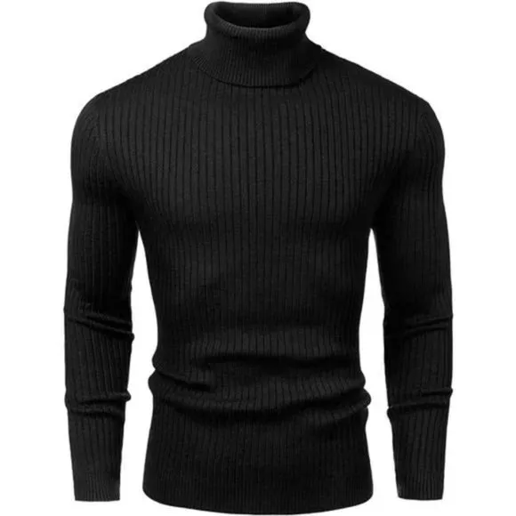 New Mens Turtleneck Sweater Slim Fit Soft Knitted, Black
