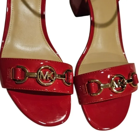 NEW! MICHAEL KORS Red &amp; Gold Patent Mid Heel Open Toe Sandals 6.5.