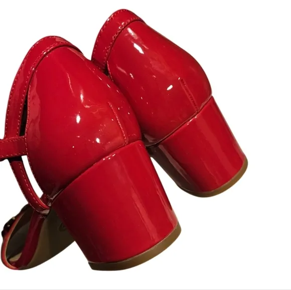 NEW! MICHAEL KORS Red &amp; Gold Patent Mid Heel Open Toe Sandals 6.5.