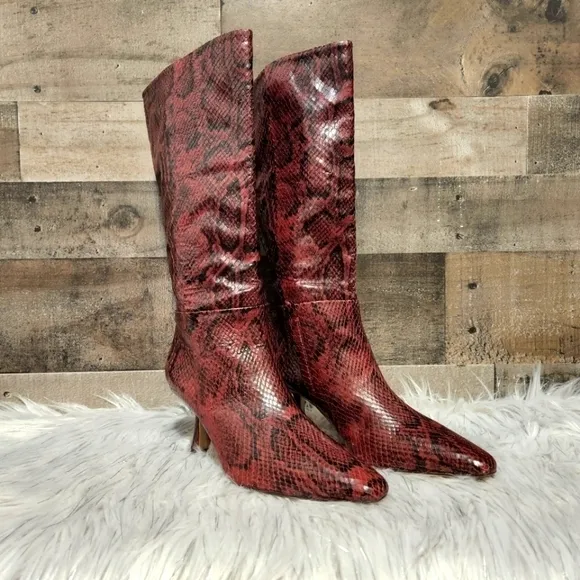 New Sam Edelman Samira Leather Boots in Plum Multi Snake Print | Size 5