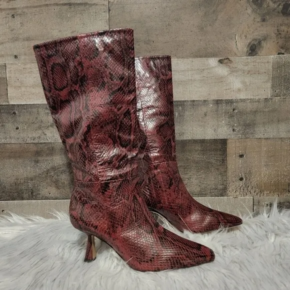 New Sam Edelman Samira Leather Boots in Plum Multi Snake Print | Size 5