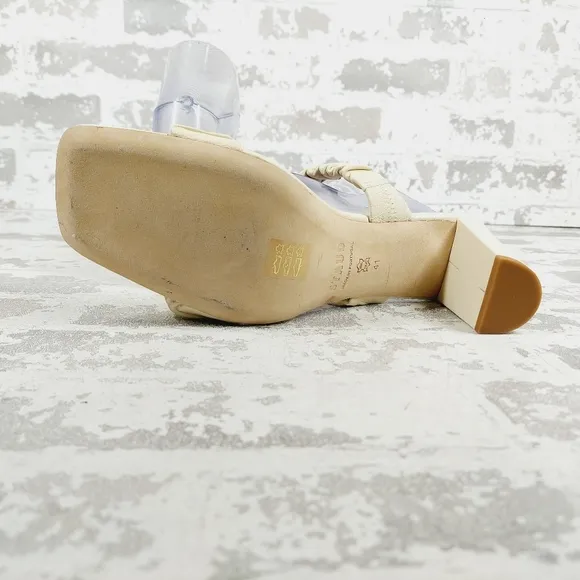 NEW Staud Frankie Ruched Cream Leather Open Toe Block Heel Slide Sandals C66