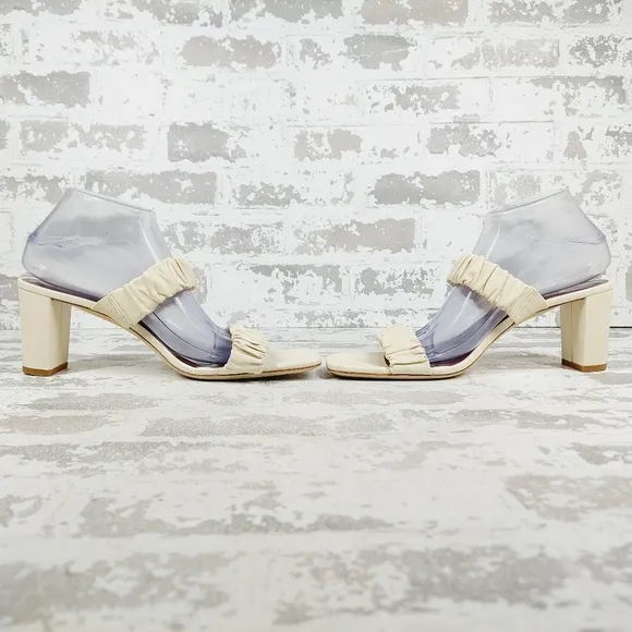 NEW Staud Frankie Ruched Cream Leather Open Toe Block Heel Slide Sandals C66