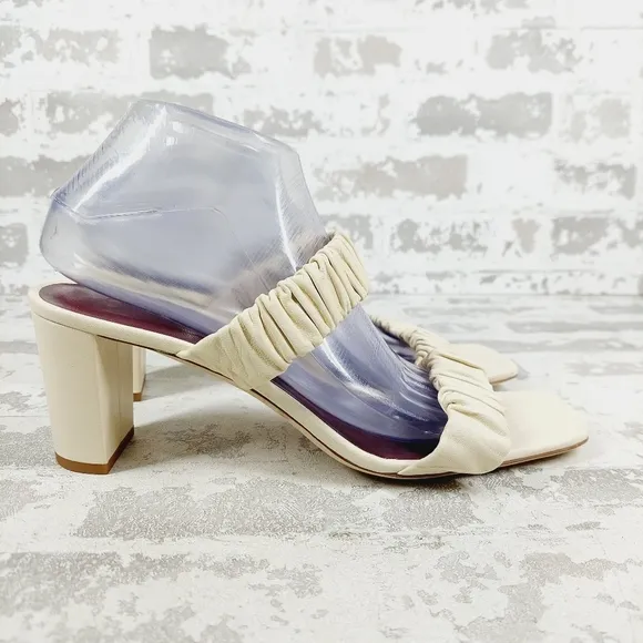 NEW Staud Frankie Ruched Cream Leather Open Toe Block Heel Slide Sandals C66