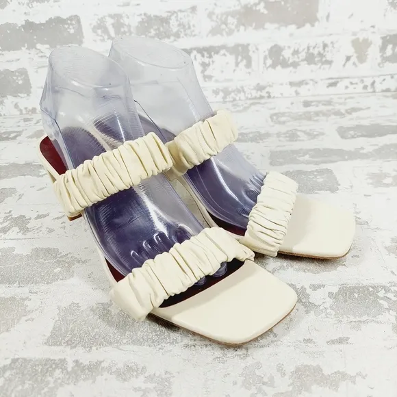 NEW Staud Frankie Ruched Cream Leather Open Toe Block Heel Slide Sandals C66