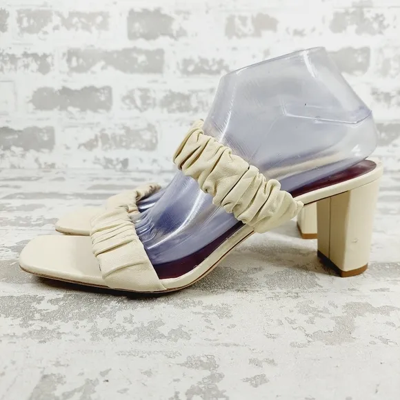 NEW Staud Frankie Ruched Cream Leather Open Toe Block Heel Slide Sandals C66