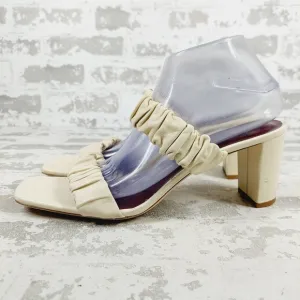 NEW Staud Frankie Ruched Cream Leather Open Toe Block Heel Slide Sandals C66