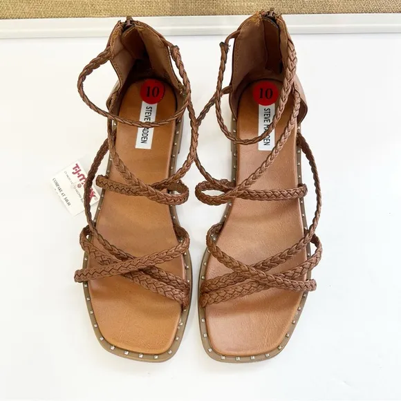 NEW STEVE MADDEN Tessi Braided Strappy Gladiator Sandal Cognac Brown SIZE 10 NWT