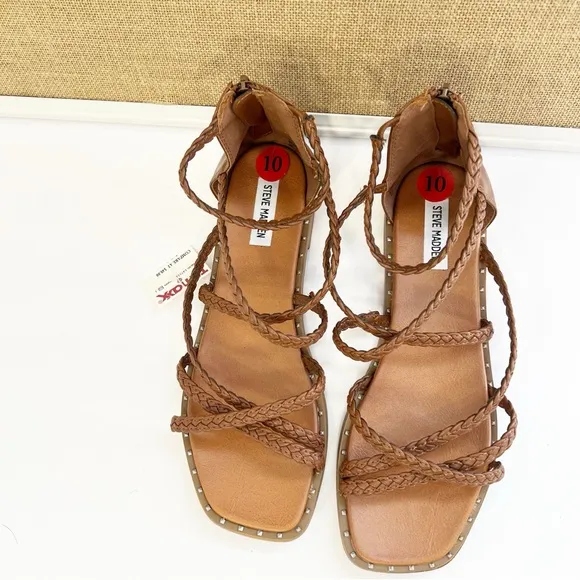 NEW STEVE MADDEN Tessi Braided Strappy Gladiator Sandal Cognac Brown SIZE 10 NWT
