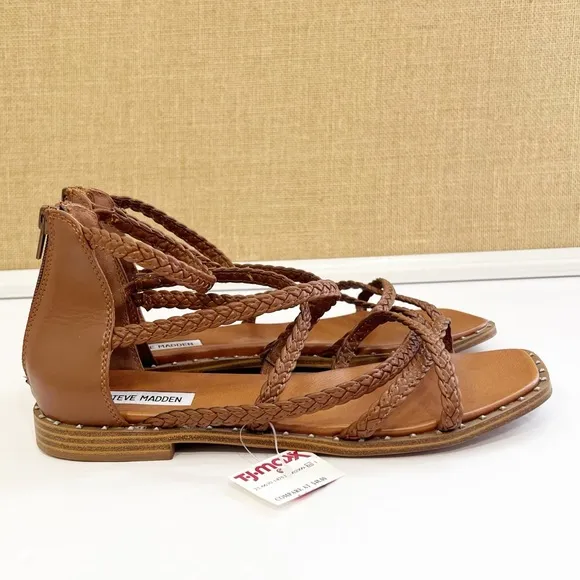 NEW STEVE MADDEN Tessi Braided Strappy Gladiator Sandal Cognac Brown SIZE 10 NWT