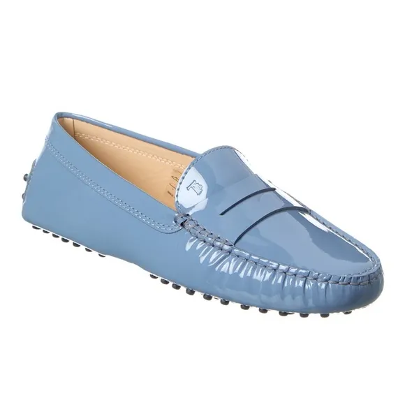 NEW Tod's Women’s Gommino Patent Leather Powder Blue Driving Loafers Size 7.5